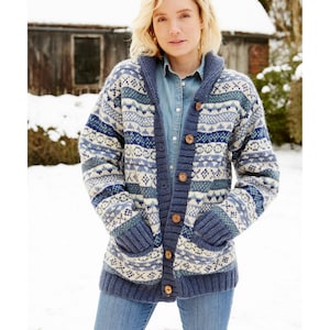 Women's Hand Knitted Cardigan Shawl Collar - Fair Isle Cardigan - Womens Knit Cardi - Fair Isle Jacket - 100% Wool - Pachamama