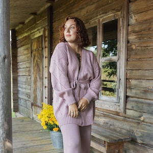 Pure merino wool knitted women cardigan, Elegant woolen long sweater with belt, Open front solid merino jacket, Hand knit romantic cardigan