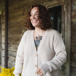 Pure merino hand knitted buttoned loose cardigan, Midi length warm woolen jumper, Cosy chunky knit natural wool sweater, Womens soft jumper