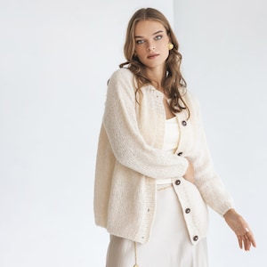 White Alpaca Wool Cardigan With Buttons, Cable Knit Lightweight Sweater, Slightly Oversized Minimalist Classy Women Gilet, Wedding Jacket