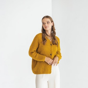 Mustard Yellow Alpaca Wool Cardigan With Buttons, Curry Cable Knit Lightweight Sweater, Slightly Oversized Minimalist Classy Women Gilet