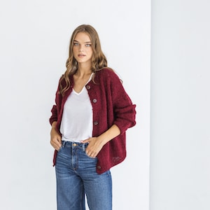 Bordeaux Alpaca Wool Cardigan With Buttons, Burgundy Red Cable Knit Lightweight Sweater, Slightly Oversized Minimalist Classy Women Gilet