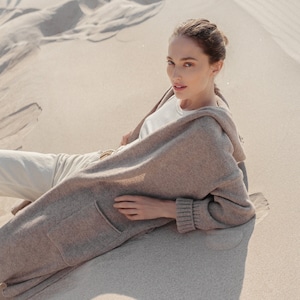 Long Cashmere Merino Cardigan with Hood, Long Knit Jacket Cardigan with Pockets, Classy Merino Cashmere Wool Knitted Cardigan / IEVA