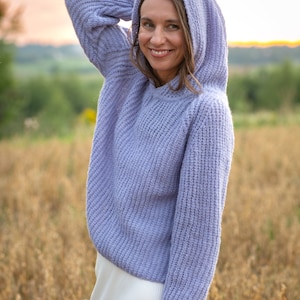 Gift Cozy Sustainable Stylish Luxury Alpaca Lavender Cardigan Handmade Knitwear Fashion Fluffy Hoodie Sweater Jumper Soft And Warm Pullover
