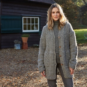 Women's Cable Knit Cardigan - Longline Cardi - Hooded Cardigan Grey - Women's Wool Jacket - Button Closings - Handmade - Pachamama