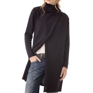 Long hooded sweater, Merino wool knit hooded cardigan, Knit black open front sweater, Women's cardigan with hood, Above knee sweater