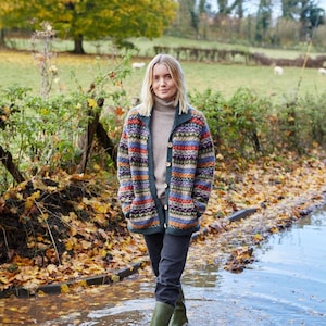 Women's Cardigan - Knitted in Nepal - Fair Isle Cardigan - Knitted Collar - 100% Wool - Fair Isle - Natural - Green - Denim - Pachamama