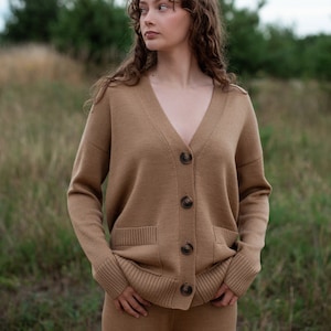 Merino wool cardigan, Beige buttoned sweater, Women's jacket with pockets and buttons
