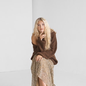 Chocolate brown alpaca wool and silk cable knit cardigan, coffee brown chunky knitted lightweight loose sweater, slightly oversized classic
