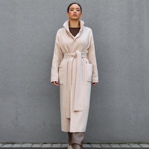 Women's Belted Cardigan, Wool Long Coat with Pockets, Knitted Coat Straight Silhouette, Knit Woolen Cardigan, Beige, Brown