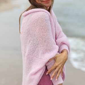 Powder pink alpaca silk cardigan, hand knit sweater for women, unique oversized sweater, ladies oversized sweaters, alpaca silk soft jacket
