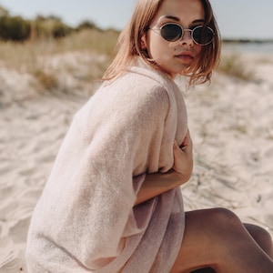 Powder beige kimono wool shrug, oversized rose handmade sheer knit cardigan, womens summer cardigans, simple design beige knitwear S/M/L/XL